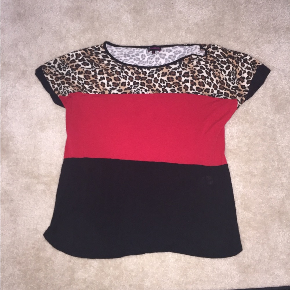 Plus cheetah, red and black shirt